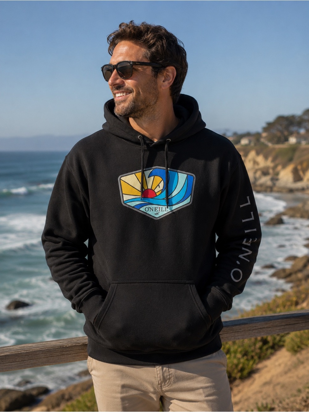🌸 O'Neill Black Hoodie with Blue and Yellow Surf Graphic